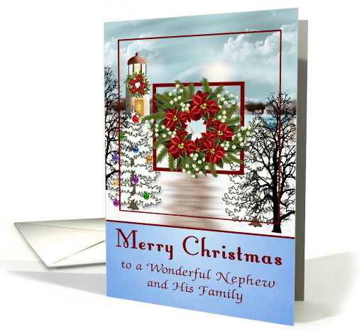 Christmas to Nephew and Family, snowy lighthouse scene, wreath card