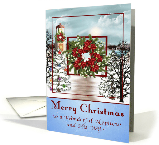 Christmas to Nephew and Wife Card with a Snowy Lighthouse Scene card