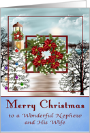 Christmas to Nephew and Wife Card with a Snowy Lighthouse Scene card