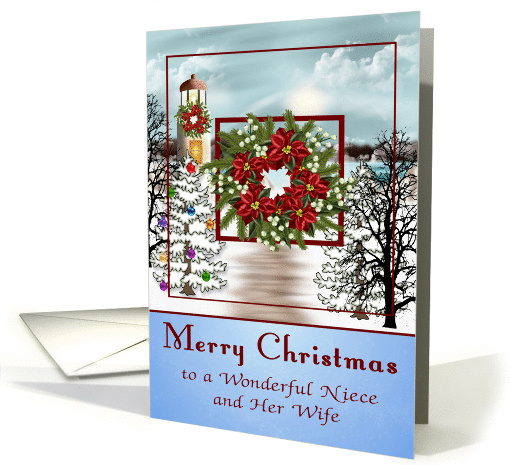 Christmas to Niece and Wife, snowy lighthouse scene, wreath card
