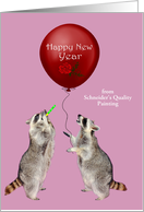 New Year, custom name business, Raccoon blowing a noisemaker card