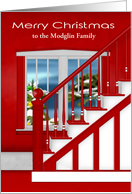 Christmas for Custom Name with a Staircase and a Window Holiday Scene card