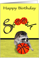 Birthday, general, cute raccoon playing basketball on yellow card