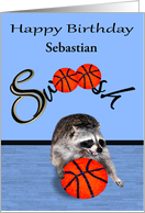 Birthday Custom Name with a Cute Raccoon Playing Basketball on Blue card