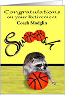 Congratulations on retirement, custom name, raccoon playing basketball card