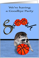 Invitations to goodbye party, coach, raccoon playing basketball card