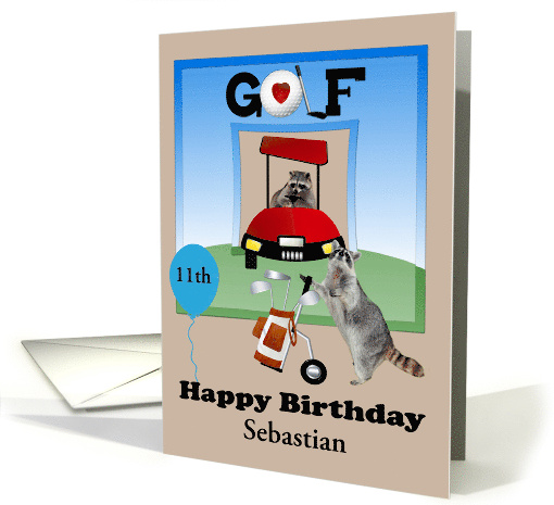 Birthday Custom Name and Age with Raccoons on a Golf Course card