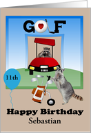 Birthday Custom Name and Age with Raccoons on a Golf Course card