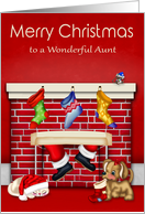 Christmas to Aunt, animals waiting on Santa Claus, stockings, red card
