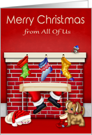 Christmas from All Of Us, animals waiting on Santa Claus, stockings card