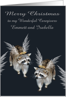 Christmas to caregivers, custom name, raccoons with wings and halos card