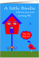 46th Birthday, humor, a cute bird with a talk bubble by bird house card