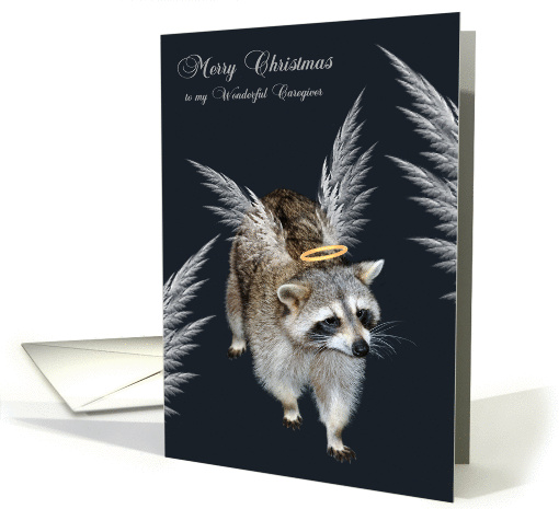 Christmas to caregiver, general, raccoon with wings and a halo card