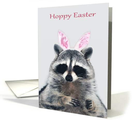 Easter with an Adorable Raccoon Wearing Bunny Ears on Gray card