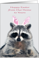 Easter from Our Home to Yours, a cute raccoon with bunny ears on gray card