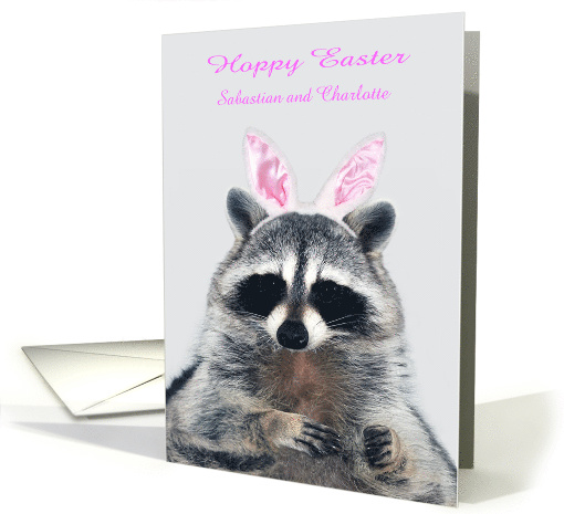 Easter, custom name, a cute raccoon with bunny ears on gray card