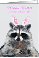Easter, custom name, a cute raccoon with bunny ears on gray card