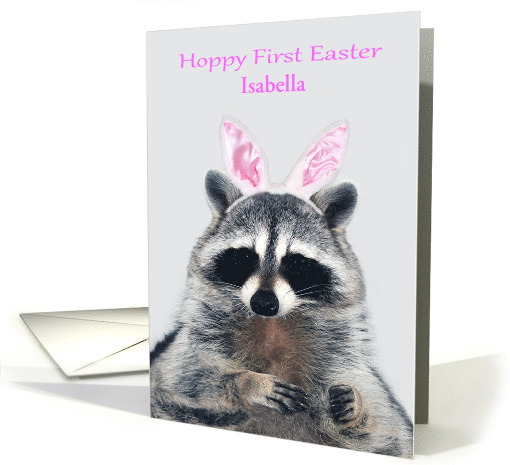 Easter, Baby's First, custom name, a cute raccoon with bunny ears card