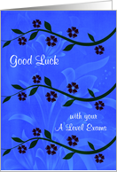 Good Luck, A Level exams, long stems with beautiful flowers on blue card