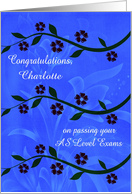 Congratulations, passing AS Level exams, custom name, flowers on blue card