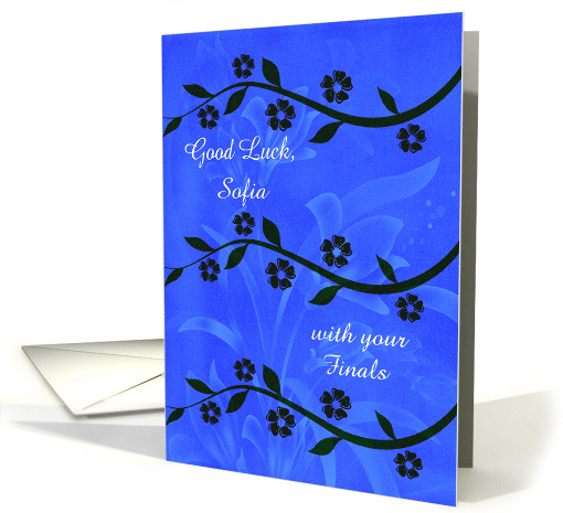Good Luck with Finals Custom Name Long Stems of Flowers on Blue card