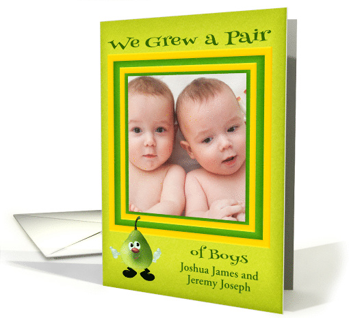 Announcements, twin boys, custom name photo card, humor, pear card
