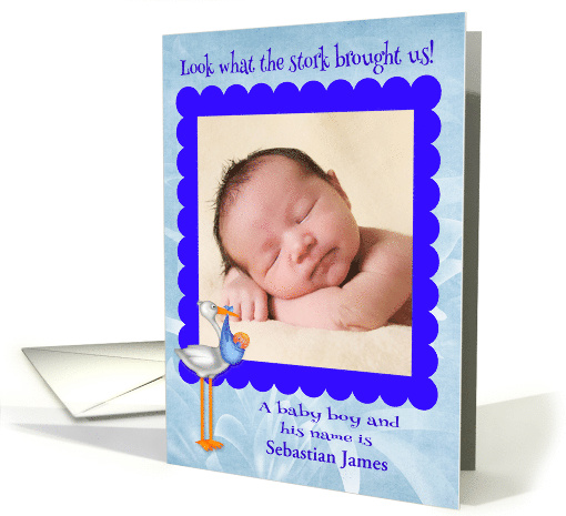 Announcements, birth of baby boy, custom name photo card, stork card