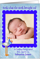 Announcements, birth of baby boy, custom name photo card, stork card