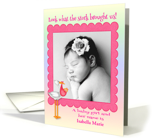 Announcements, birth of baby girl, custom name photo card, stork card