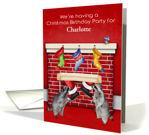 Invitations to Christmas Birthday Party, custom name, raccoons card