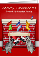 Christmas from custom name, raccoons with fireplace, stockings, red card