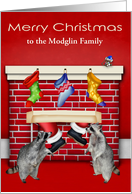 Christmas for custom name, raccoons with fireplace, stockings, red card