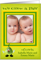 Announcements, twin girls, custom name photo card, humor, pear card