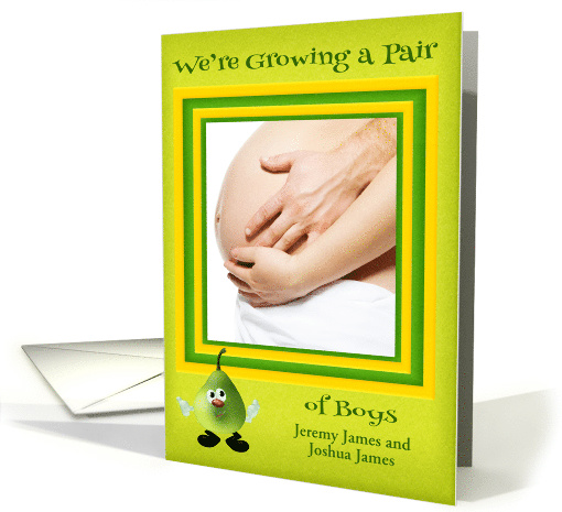 Announcements, pregnant with twin boys, custom name photo card