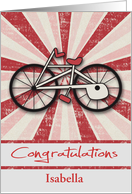 Congratulations, no more training wheels, custom name, red starbursts card