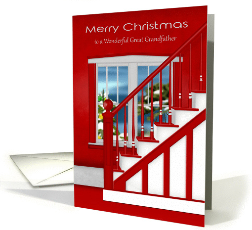Christmas to Great Grandfather, staircase, holiday window scene card