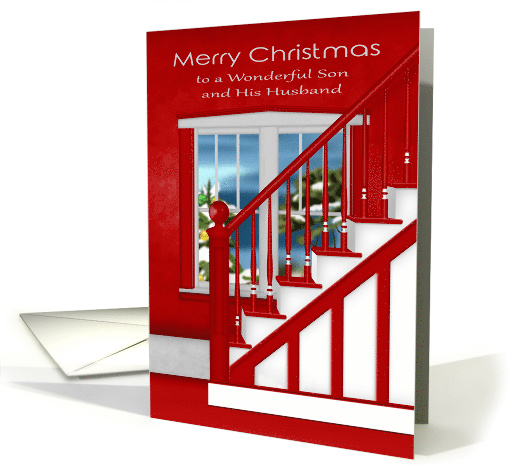 Christmas to Son and Husband, staircase with a holiday... (1395868)