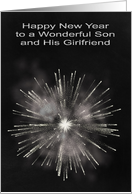 New Year to Son and Girlfriend, chalkboard, fireworks, black and white card