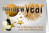 New Year to Son and Girlfriend, New Year’s Ball, fireworks and stars card