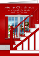 Christmas to Uncle and Fiancee, staircase with a holiday window scene card