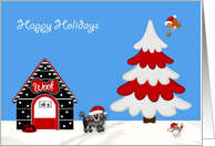 Happy Holidays, general, black toy poodle with a bird and mouse, tree card
