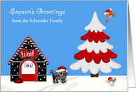 Season’s Greetings Custom Name with a Black Toy Poodle and Bird card