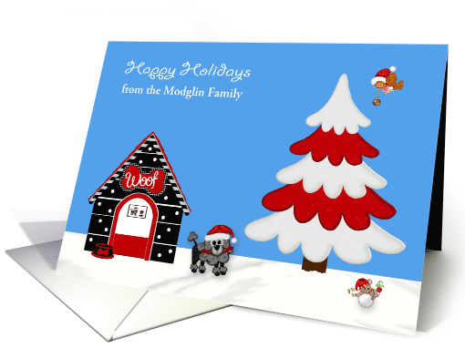 Happy Holidays, custom name, black toy poodle with bird, mouse card