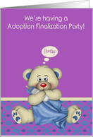 Invitations to adoption finalization party, boy, blue bear with bottle card
