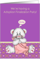 Invitations to adoption finalization party, girl, pink bear, bottle card