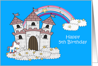 5th Birthday, age specific, castle and unicorn floating on clouds card