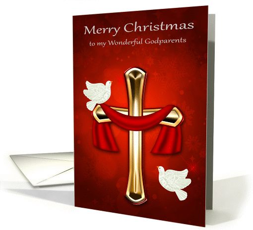 Christmas to Godparents, religious, white doves with a red cross card