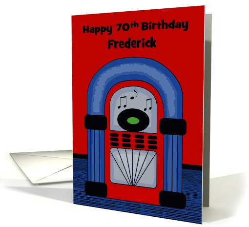 70th Birthday Custom Name Card with a Jukebox and Musical Notes card