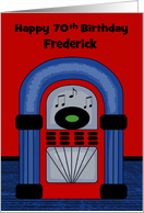 70th Birthday Custom Name Card with a Jukebox and Musical Notes card