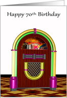 70th Birthday, age specific, colorful jukebox on white, black, gold card